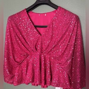 New women hot pink sequins blouse